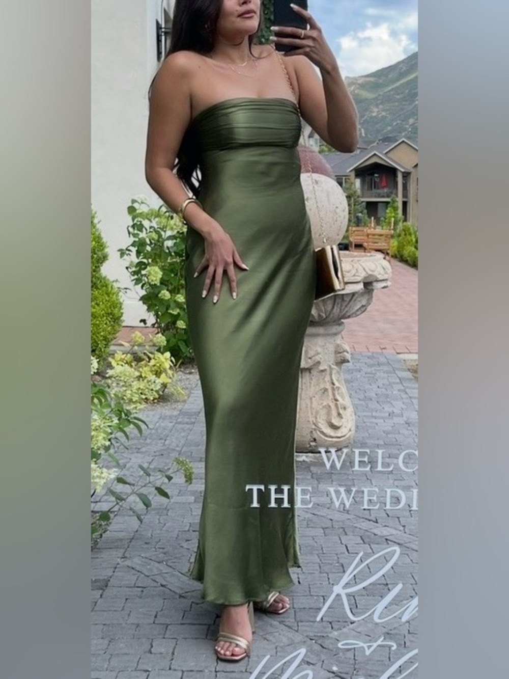 Strapless Satin Maxi Olive Dress - Picture 3 of 4